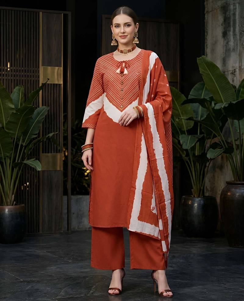 Rust floral printed straight kurta set for women