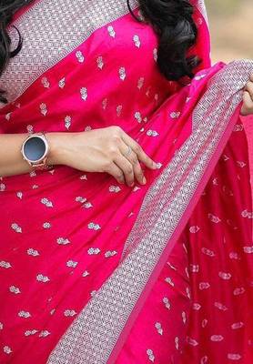 Pink  silk blend jacuard work festival saree with unstitched blouse piece 3