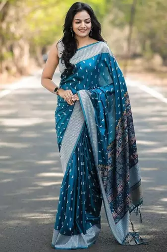 Rama  silk blend jacuard work festival saree with unstitched blouse piece