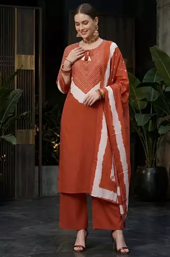 Rust floral printed straight kurta set for women