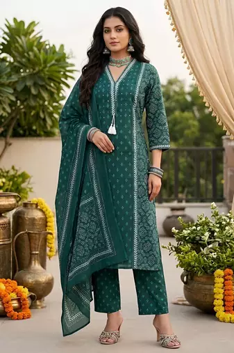 Teal green floral printed straight kurta set for women
