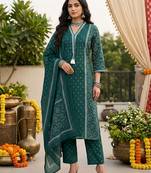 Teal green floral printed straight kurta set for women