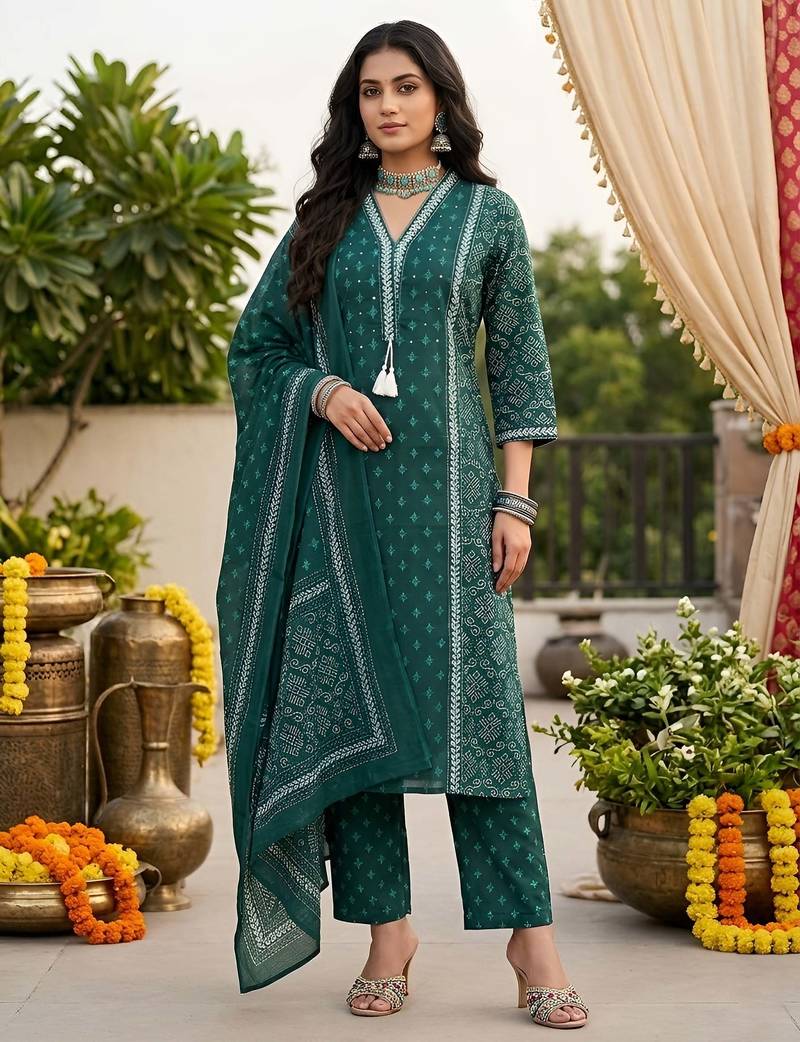 Teal green floral printed straight kurta set for women