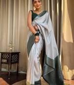 Grey green silk blend jacuard work festival saree with unstitched blouse piece