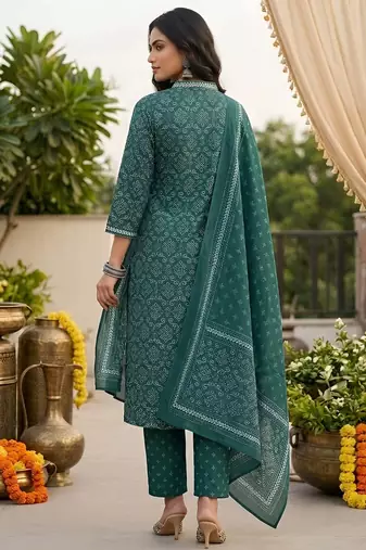 Teal green floral printed straight kurta set for women