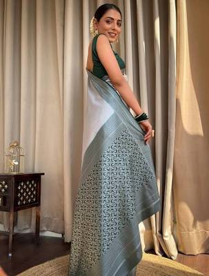Grey green silk blend jacuard work festival saree with unstitched blouse piece 3