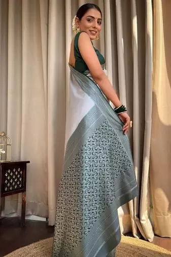 Grey green silk blend jacuard work festival saree with unstitched blouse piece