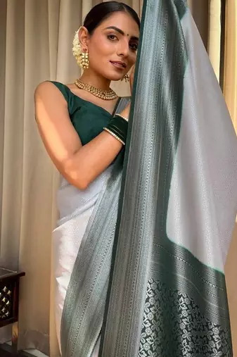 Grey green silk blend jacuard work festival saree with unstitched blouse piece