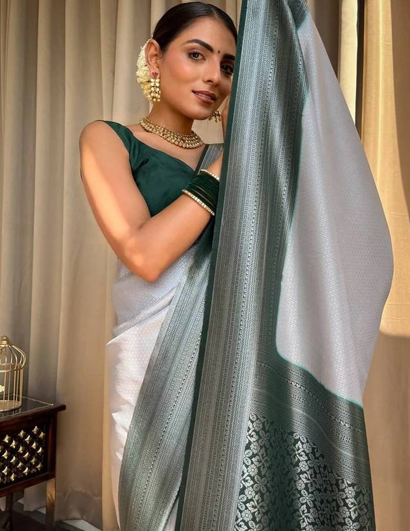 Grey green silk blend jacuard work festival saree with unstitched blouse piece