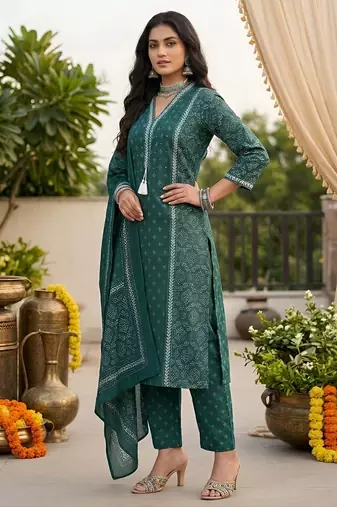 Teal green floral printed straight kurta set for women