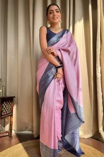 Pink blue silk blend jacuard work festival saree with unstitched blouse piece
