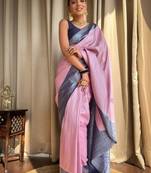 Pink blue silk blend jacuard work festival saree with unstitched blouse piece