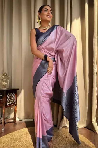 Pink blue silk blend jacuard work festival saree with unstitched blouse piece