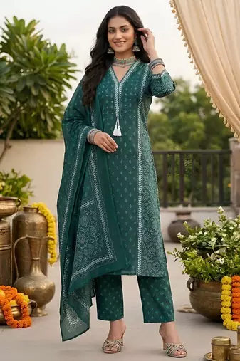 Teal green floral printed straight kurta set for women