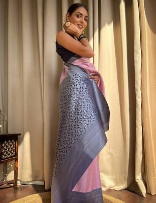Pink blue silk blend jacuard work festival saree with unstitched blouse piece 4