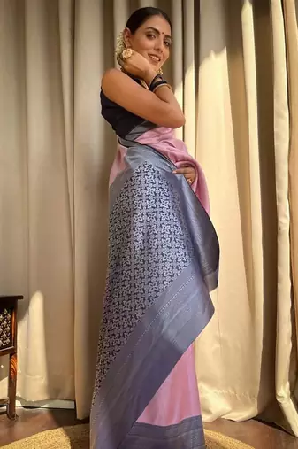 Pink blue silk blend jacuard work festival saree with unstitched blouse piece