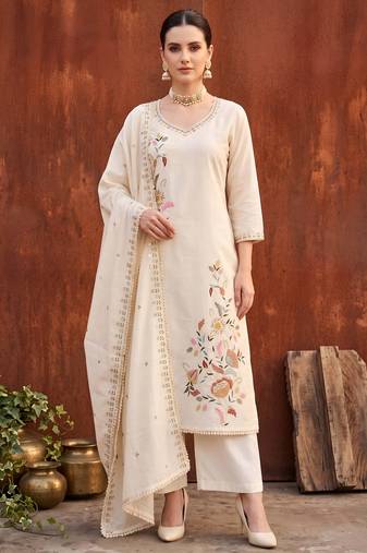 Beige floral printed straight kurta set for women