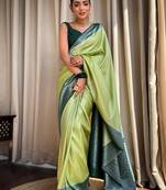 Pista green silk blend jacuard work festival saree with unstitched blouse piece