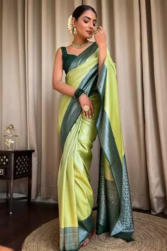 Pista green silk blend jacuard work festival saree with unstitched blouse piece