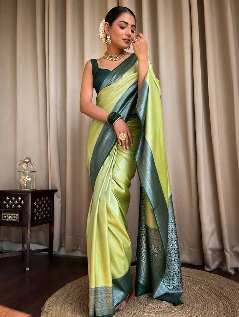 Pista green silk blend jacuard work festival saree with unstitched blouse piece