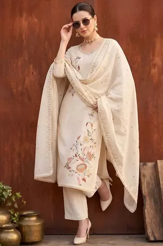 Beige floral printed straight kurta set for women