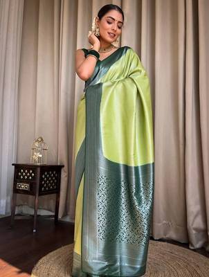 Pista green silk blend jacuard work festival saree with unstitched blouse piece 3