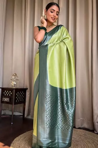 Pista green silk blend jacuard work festival saree with unstitched blouse piece