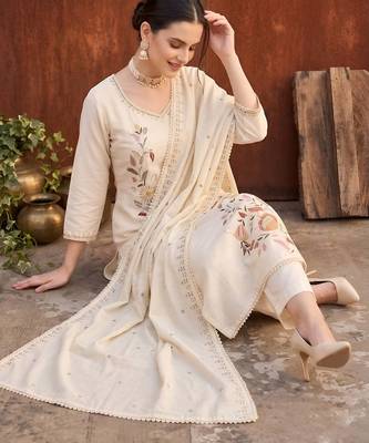 Beige floral printed straight kurta set for women 4