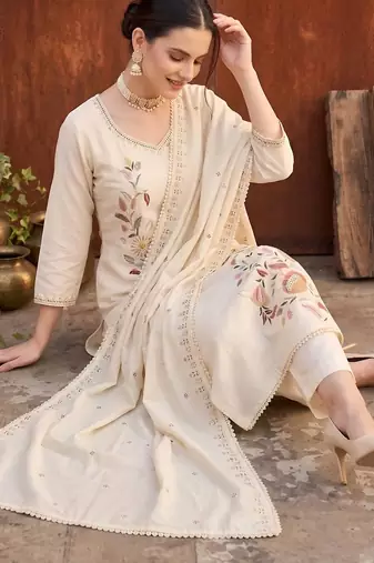 Beige floral printed straight kurta set for women