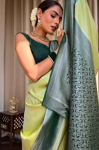 Pista green silk blend jacuard work festival saree with unstitched blouse piece