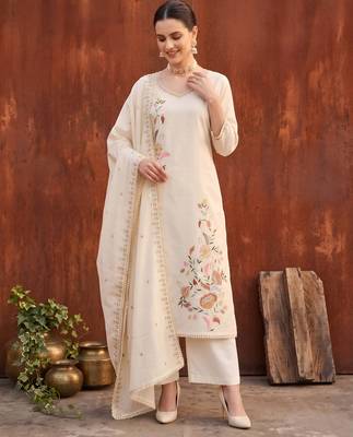 Beige floral printed straight kurta set for women 5