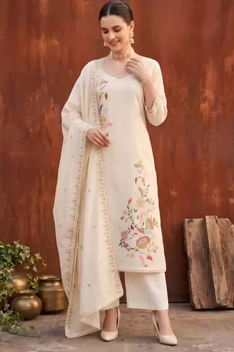Beige floral printed straight kurta set for women
