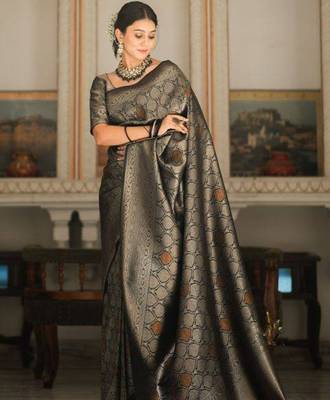 Black silk blend jacuard work festival saree with unstitched blouse piece 1