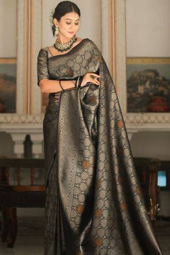 Black silk blend jacuard work festival saree with unstitched blouse piece