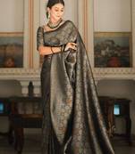 Black silk blend jacuard work festival saree with unstitched blouse piece