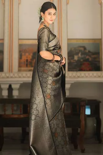 Black silk blend jacuard work festival saree with unstitched blouse piece