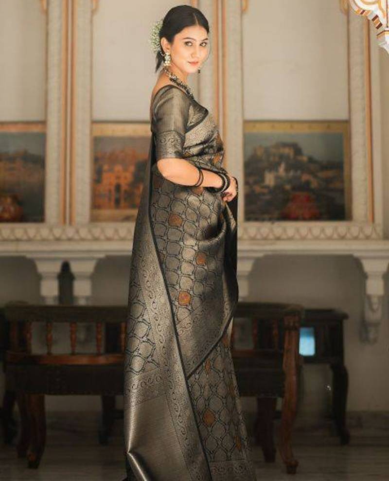 Black silk blend jacuard work festival saree with unstitched blouse piece