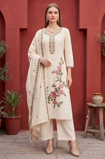 Beige floral printed straight kurta set for women