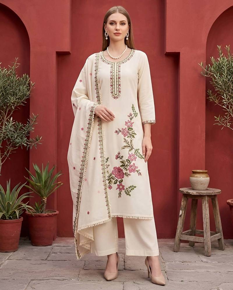 Beige floral printed straight kurta set for women