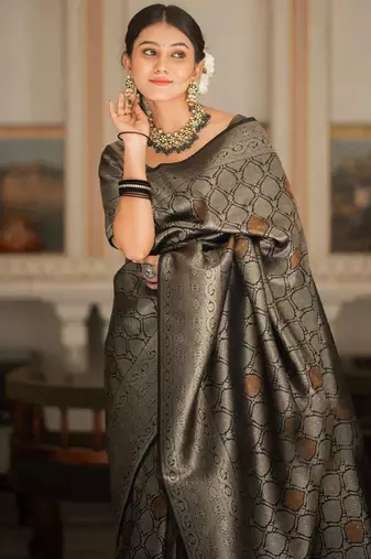 Black silk blend jacuard work festival saree with unstitched blouse piece