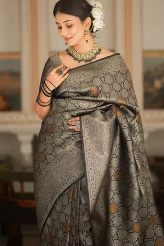 Black silk blend jacuard work festival saree with unstitched blouse piece