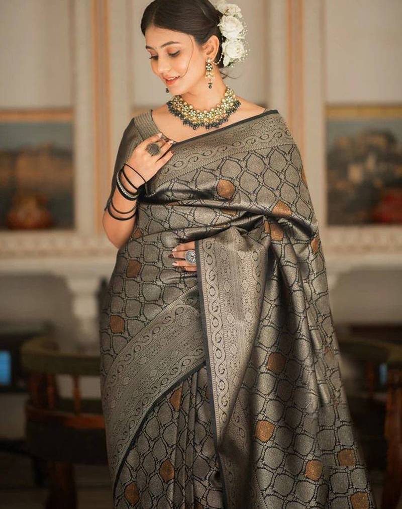 Black silk blend jacuard work festival saree with unstitched blouse piece