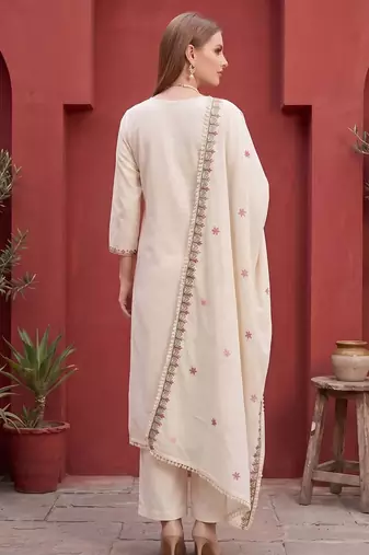 Beige floral printed straight kurta set for women