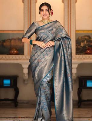 Black silk blend jacuard work festival saree with unstitched blouse piece 1