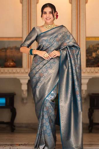 Black silk blend jacuard work festival saree with unstitched blouse piece