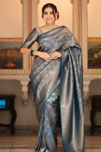 Black silk blend jacuard work festival saree with unstitched blouse piece