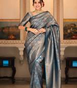 Black silk blend jacuard work festival saree with unstitched blouse piece