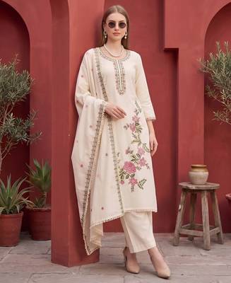 Beige floral printed straight kurta set for women 3