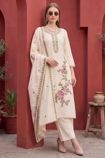 Beige floral printed straight kurta set for women