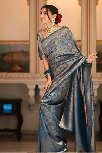 Black silk blend jacuard work festival saree with unstitched blouse piece